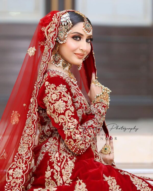 Red long trail wedding anarkali with lehenga