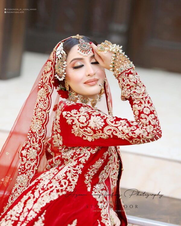 red bridal long trail anarkali with lehenga