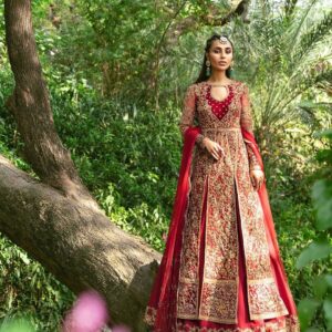 bridal long split anarkali with lehenga