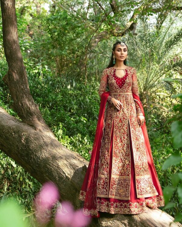 bridal long split anarkali with lehenga