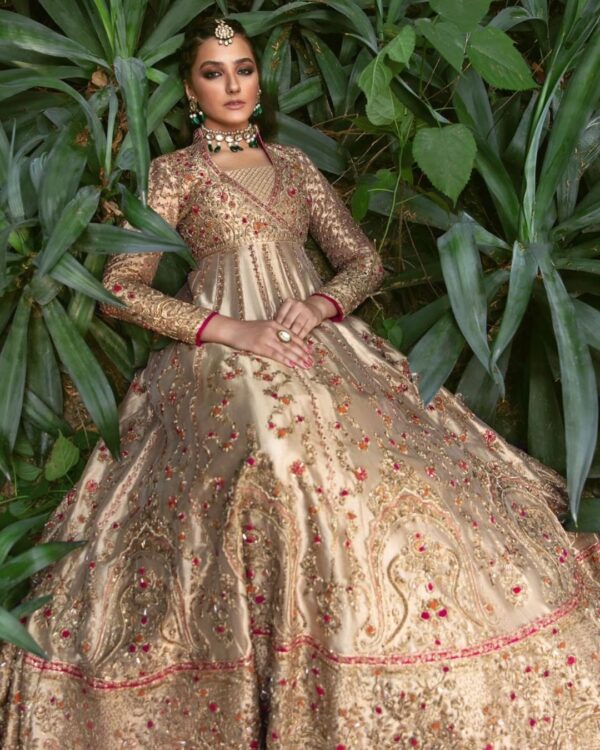 golden embroidered long anarkali with lehenga