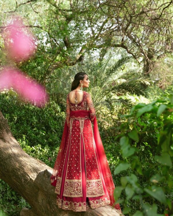 red wedding long anarkali with lehenga