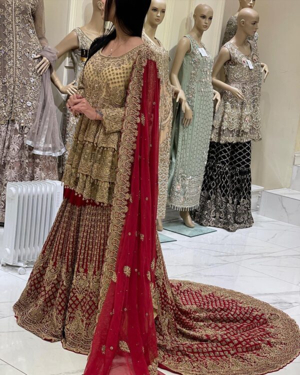 Golden bridal peplum with long trail lehenga