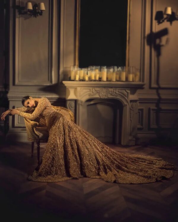 wedding long trail gown with golden embroidery