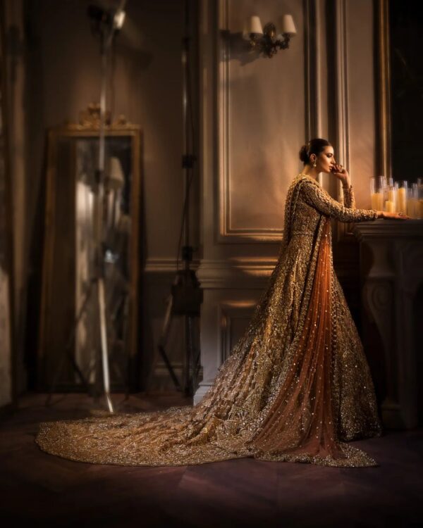 Golden bridal long trail gown with embroidery