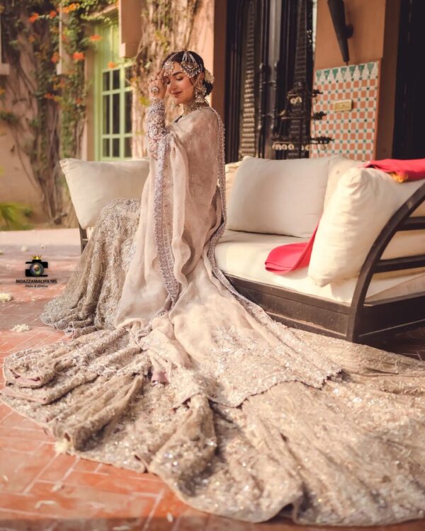 wedding long trail gown with embroidery