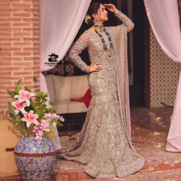 wedding long trail gown with embroidery