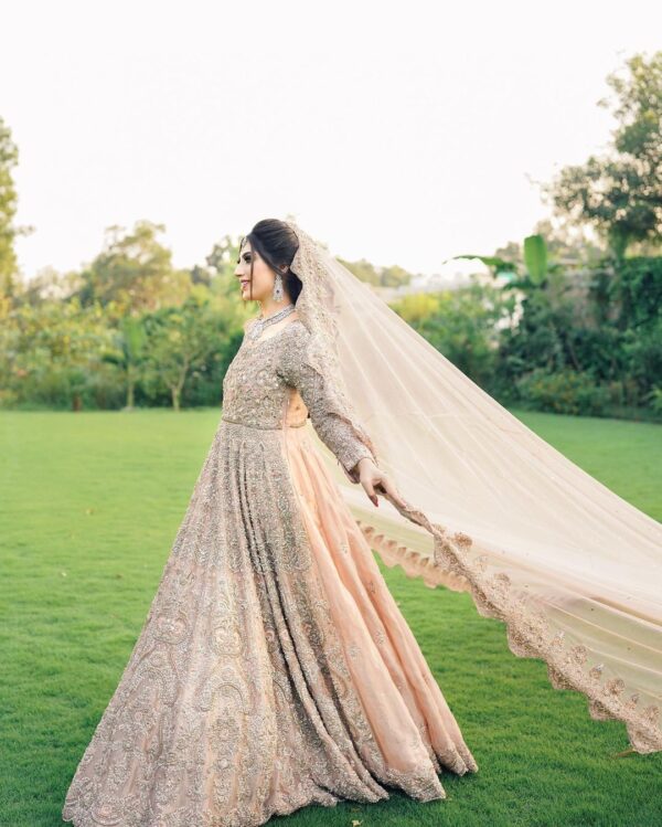 wedding gown with embroidered long veil