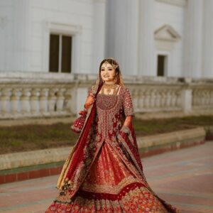 red embroidered long anarkali with lehenga