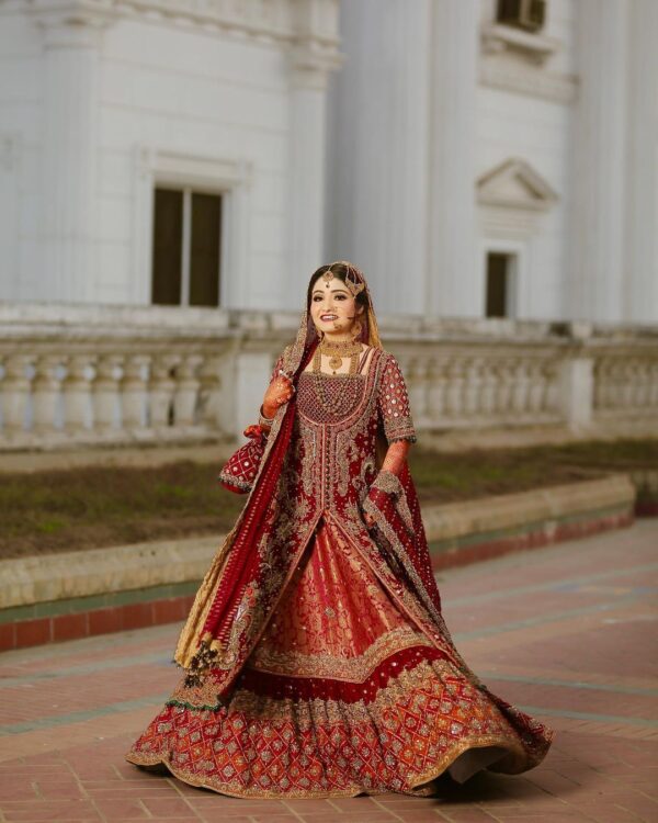 red embroidered long anarkali with lehenga