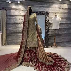 Pakistani bridal long trail lehenga with embroidery