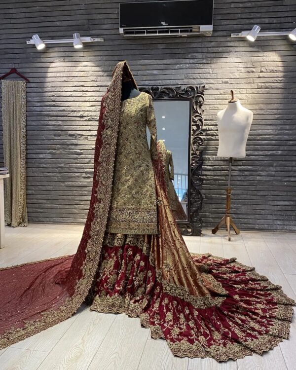 Pakistani bridal long trail lehenga with embroidery