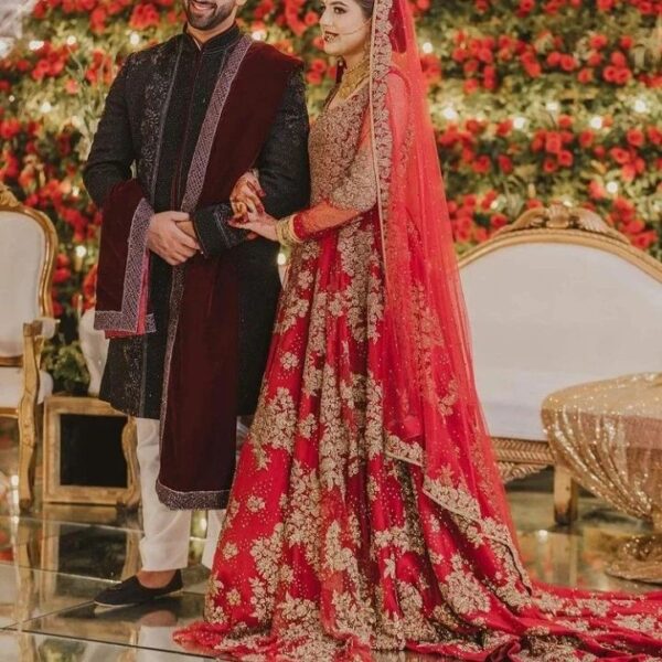 Red long trail wedding gown with embroidery