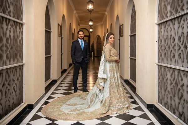 light mint wedding gown with embroidery