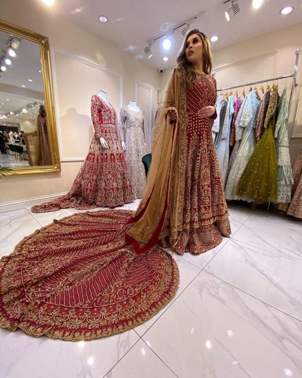 Pakistani wedding long trail lehenga with embroidery