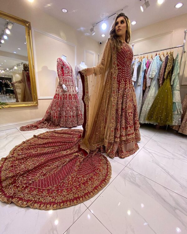 Pakistani wedding long trail anarkali with lehenga