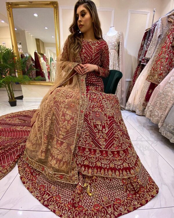 Pakistani wedding long trail anarkali with lehenga