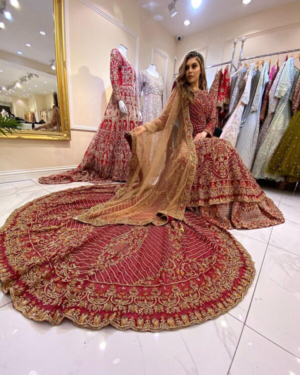 Red Pakistani wedding long trail anarkali with lehenga