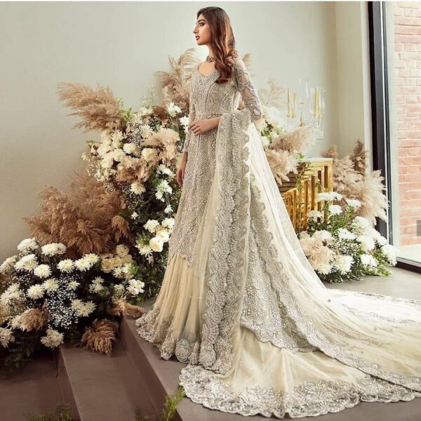 Designer long trail lehenga with embroidered anarkali