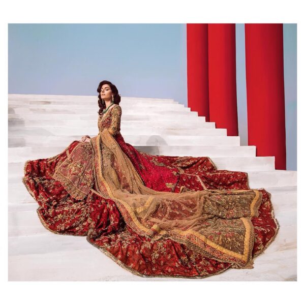 Pakistani wedding long trail lehenga with kameez