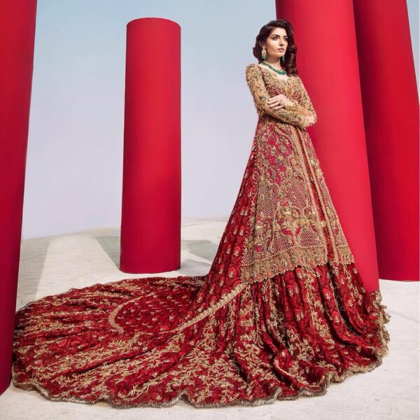 Pakistani wedding long trail lehenga with kameez