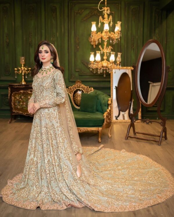 Designer long trail lehenga with embroidered anarkali