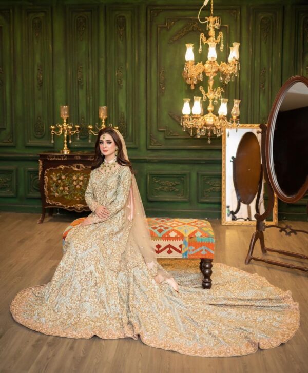 wedding long trail gown with golden embroidery