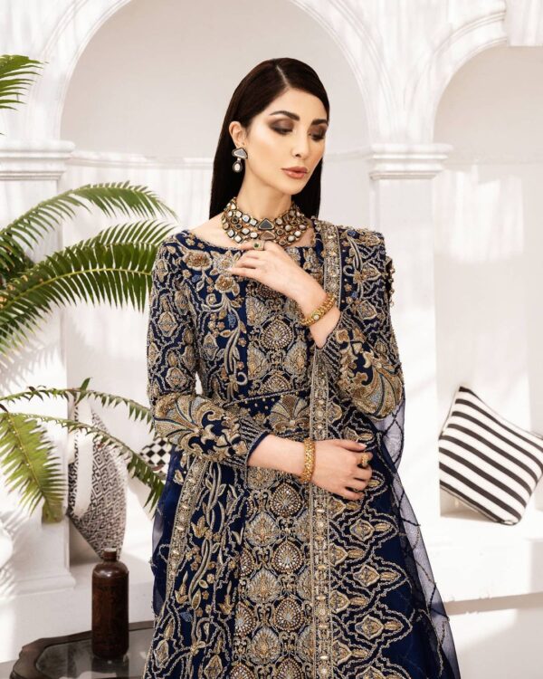 Royal blue designer gown with golden embroidery