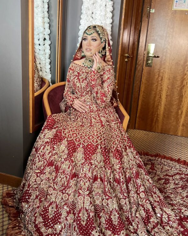 Pakistani wedding long trail gown with embroidery