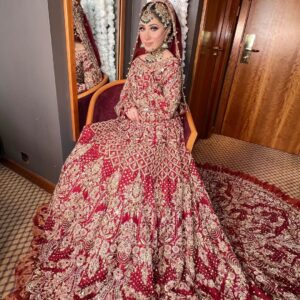 Red embroidered long trail gown