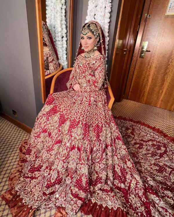 Red embroidered long trail gown
