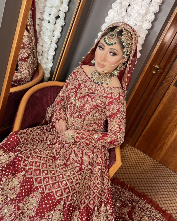 red embroidered long trail gown