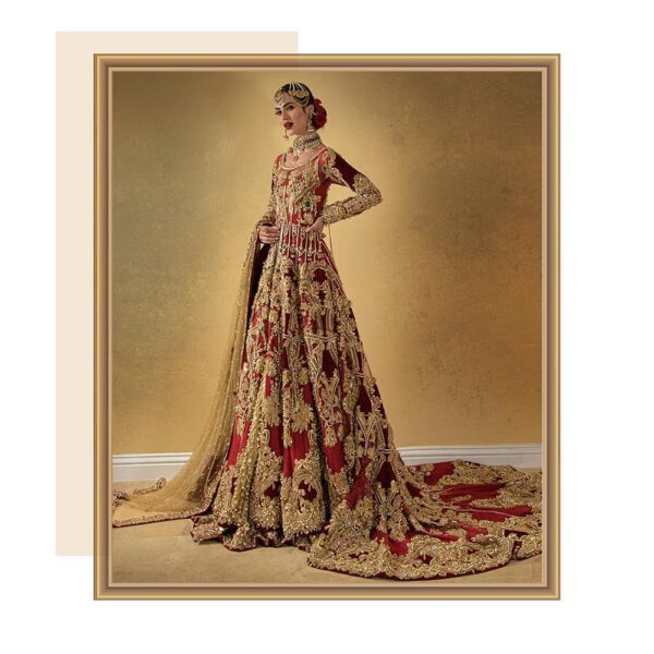 Red and Maroon wedding long trail anarkali with lehenga
