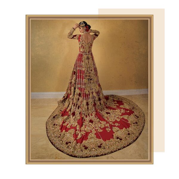 maroon wedding long trail anarkali with lehenga