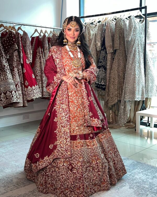 Pakistani wedding long trail lehenga with embroidered kurti