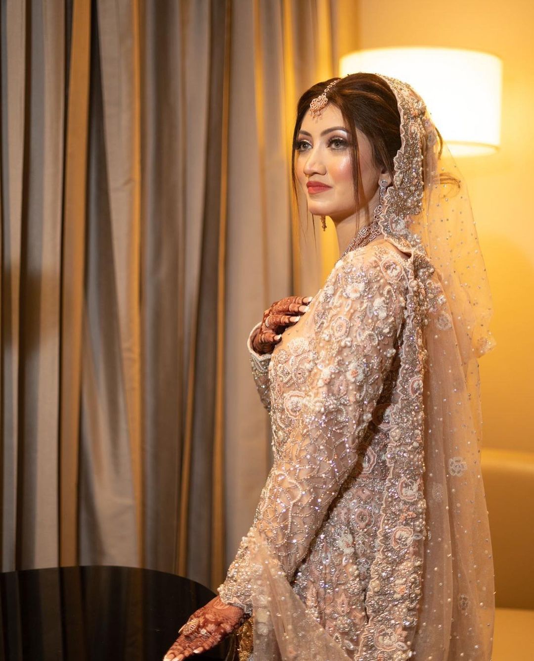 Pakistani Wedding Peach Walima Gown With Embroidered Trail 