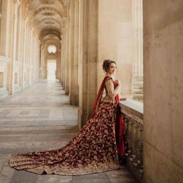 maroon bridal long trail lehenga