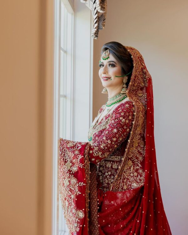 red bridal long trail anarkali with lehenga