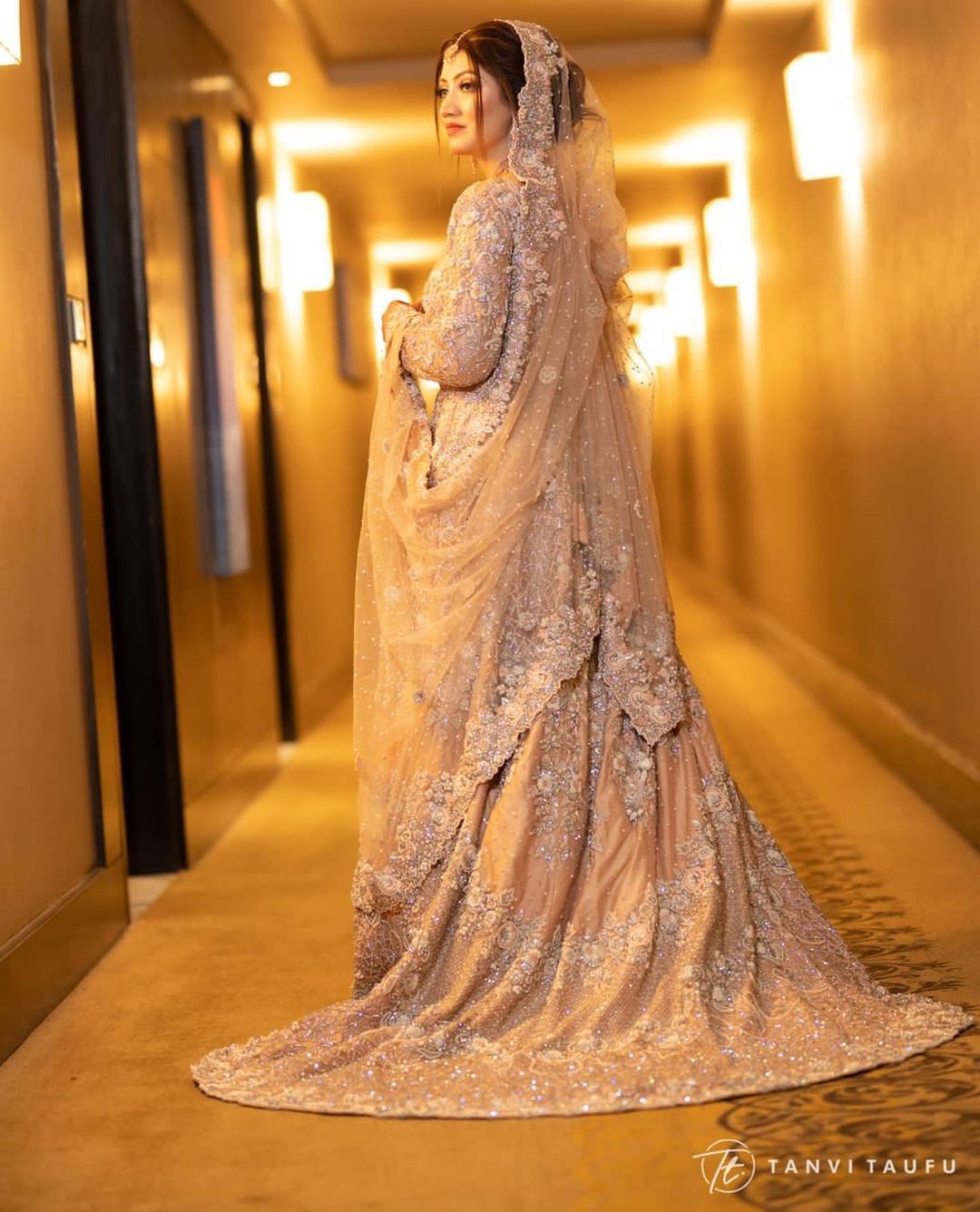 Pakistani Wedding Peach Walima Gown With Embroidered Trail 