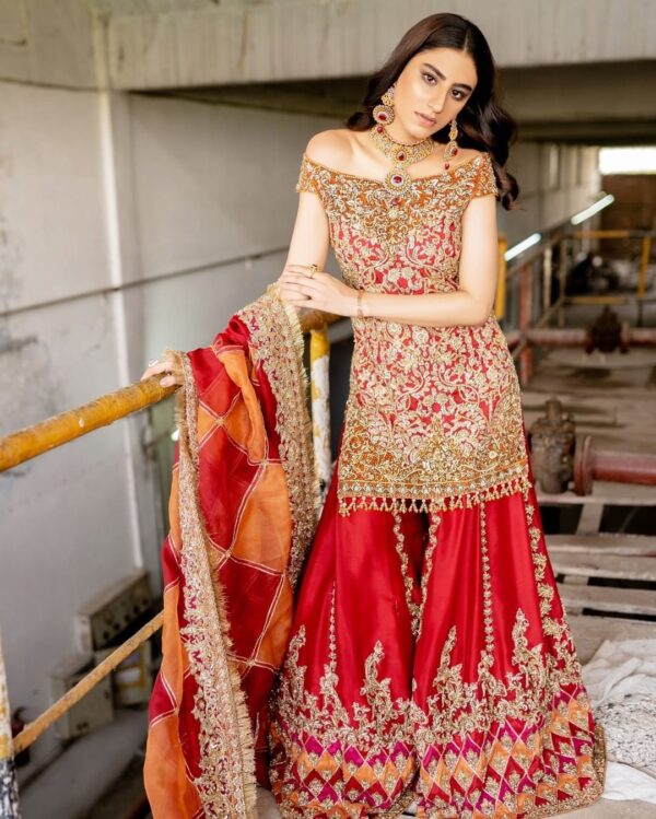 red sharara with embroidered kameez