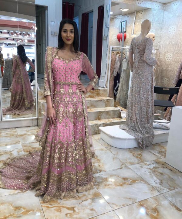 Pink designer long trail gown with embroidery
