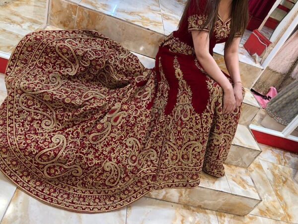 maroon wedding long trail lehenga with embroidered top