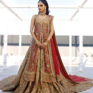 Pakistani wedding long split jacket with lehenga