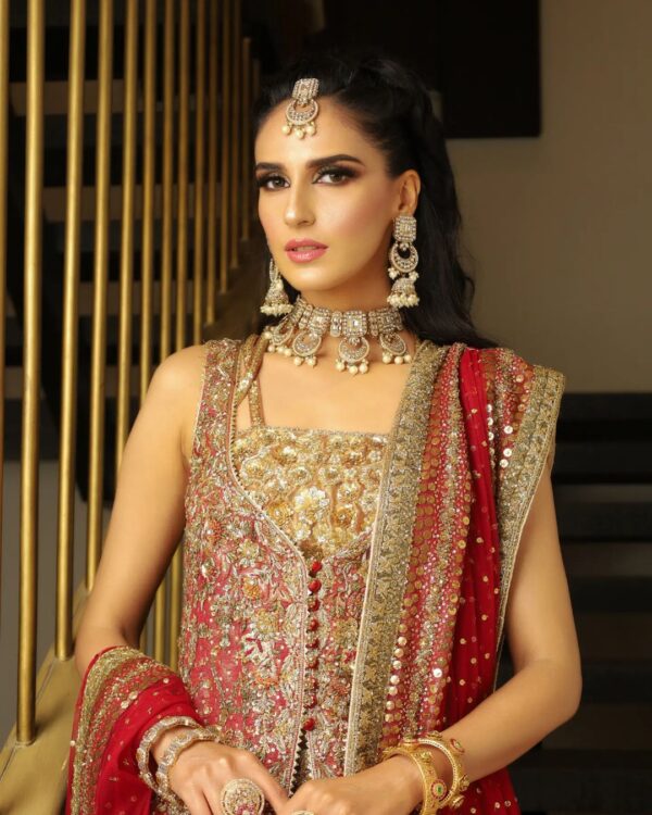 Wedding long trail lehenga with split half jacket