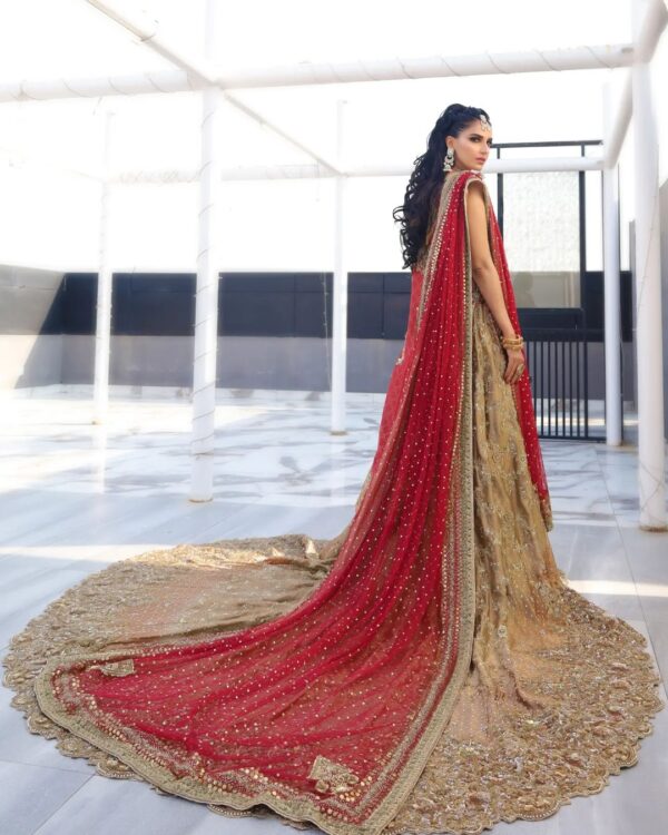 Pakistani wedding long trail lehenga with embroidered half jacket