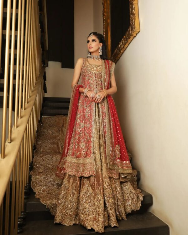 Pakistani embroidered long trail lehenga with jalf jacket