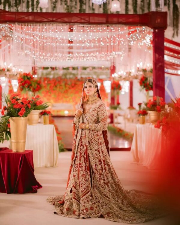 Pakistani wedding long trail gown with handwork
