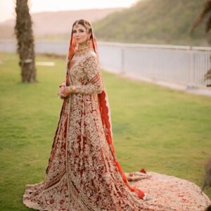 Pakistani wedding long trail gown with embroidery