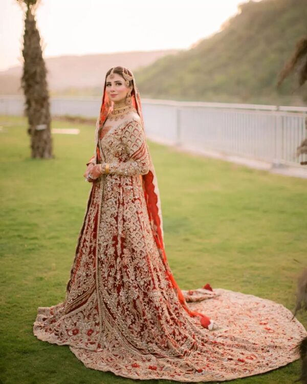 Pakistani wedding long trail gown with embroidery