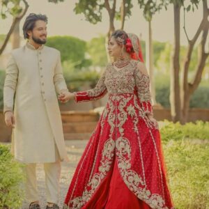 Red wedding long split anarkali with lehenga